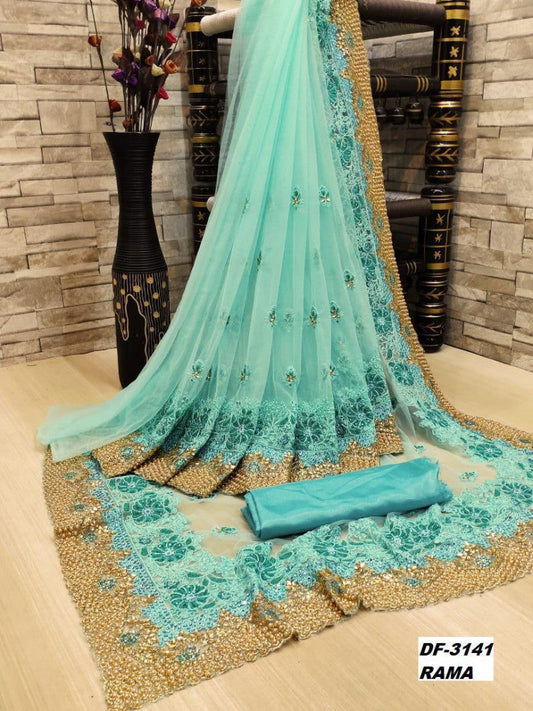 Beautiful Rama Color Heavy Trendy Net Saree