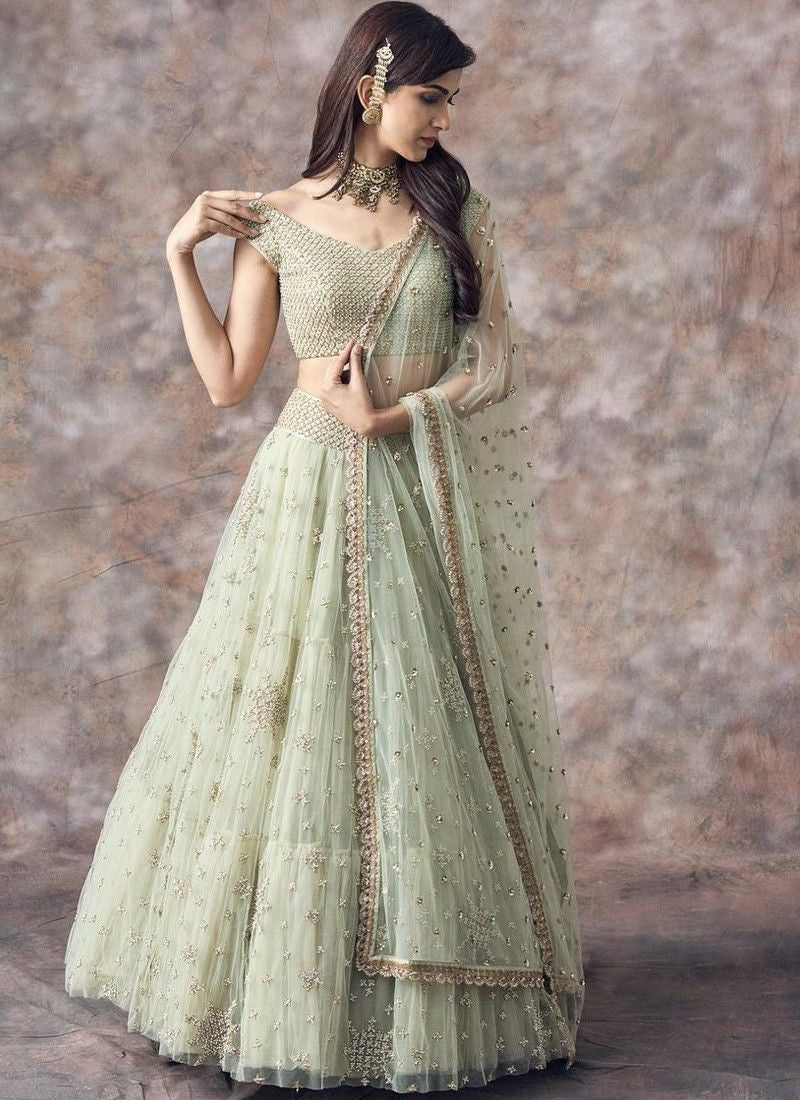 Precious Trending Extra Ordinary Sage Color Gleaming Mono Net  Lehenga Choli