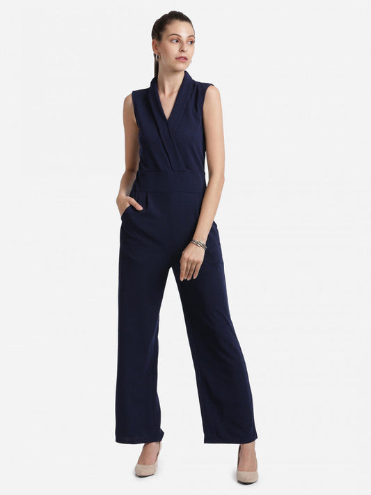 Sleeveless V-Neck Navy Blue Color Solid Basic Jumpsuit