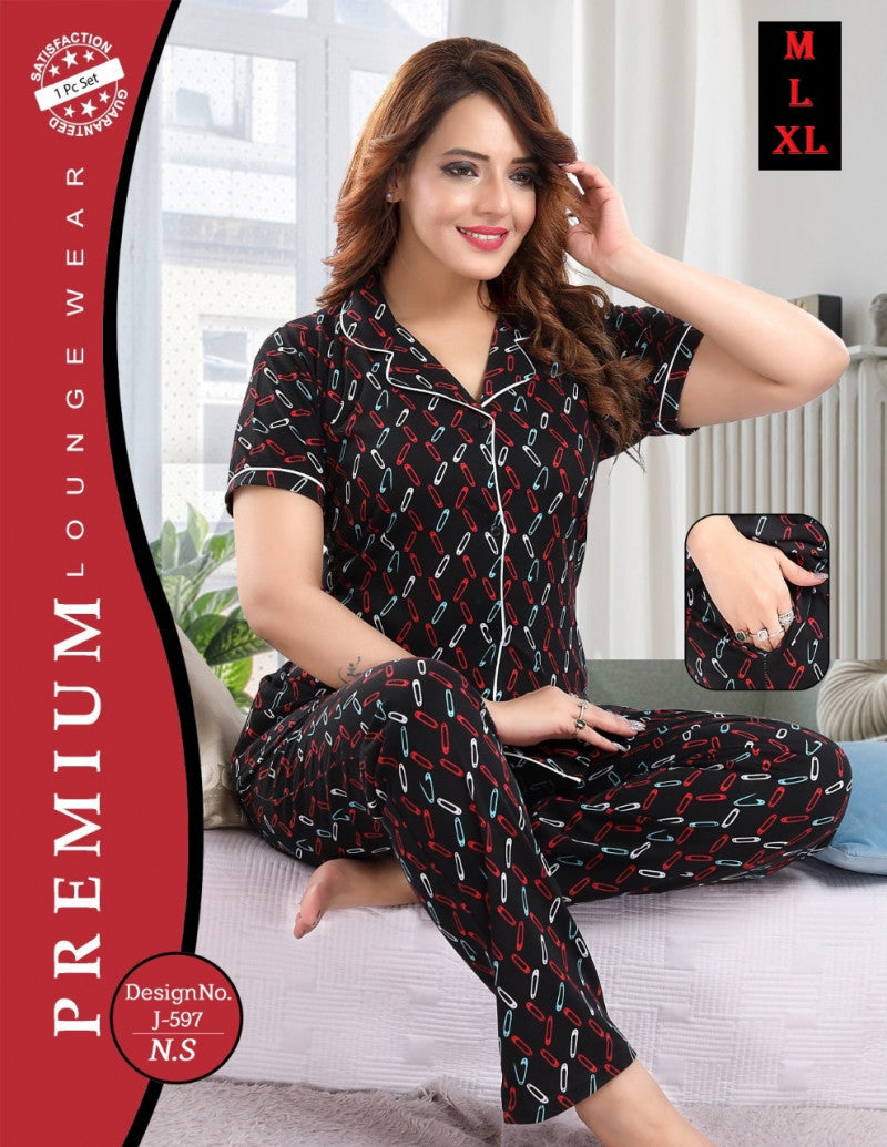 Clip Printed Black Color Hosiery Shirt & Pyjama Set