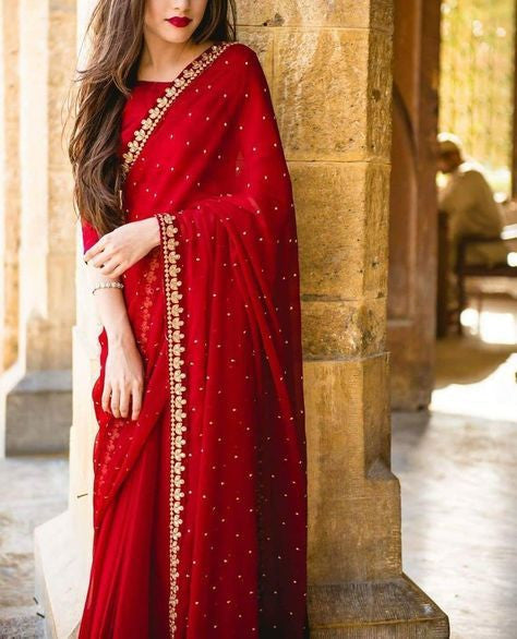 Red Weight Less Diamond Work Heavy Wedding Wear Saree