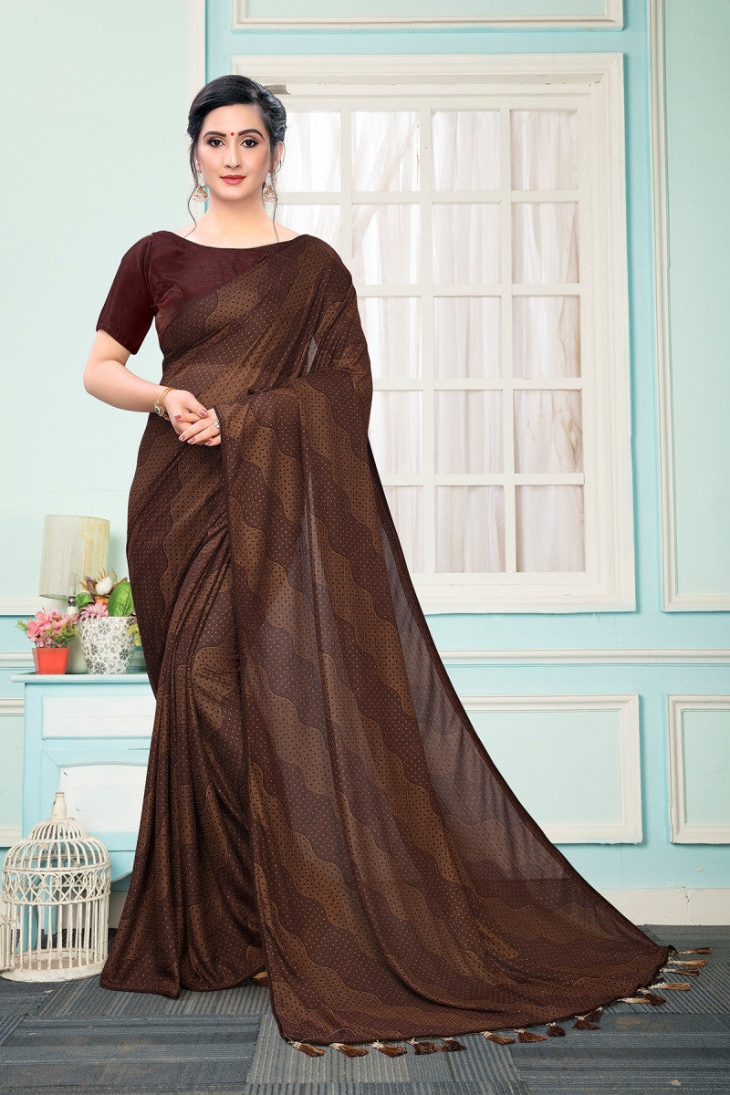 Stunning Brown & Dark Brown Dot Printed Brown Lycra Extra Ordinary Saree