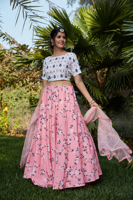 Precious Trending Pink With White Color Floral Printed Lehenga Choli