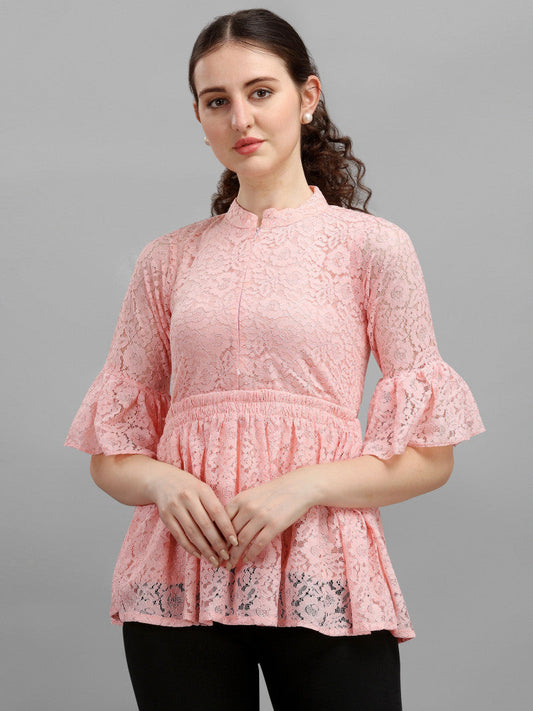 Online Pink Color Bell Sleeve Lace Top