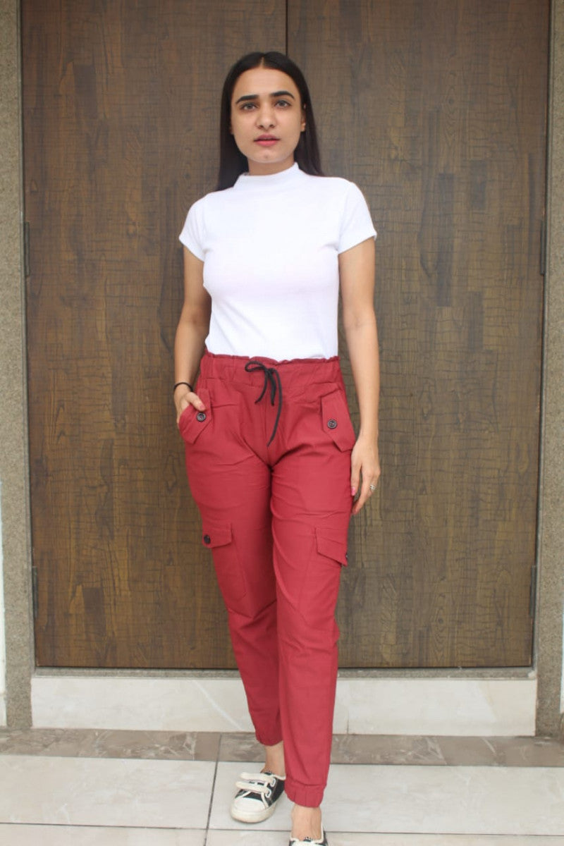 Stretchable Red Color Cargo Pant