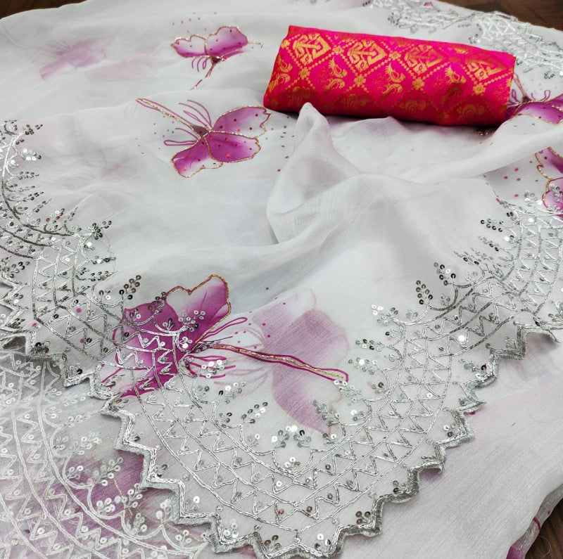 White Organza Silk With Sequine Hand Work Saree