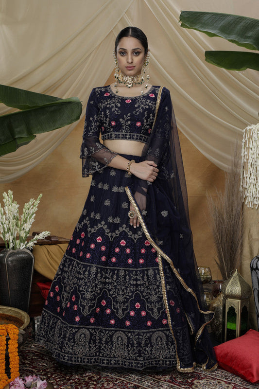 Terrific Navy Color Net Trendy Online Lehenga Choli