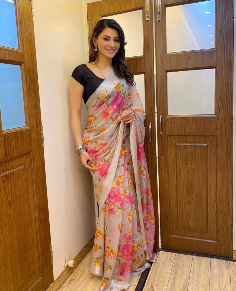 Urvashi Rautela Soft Linen Flower Printed Extra Ordinary Saree