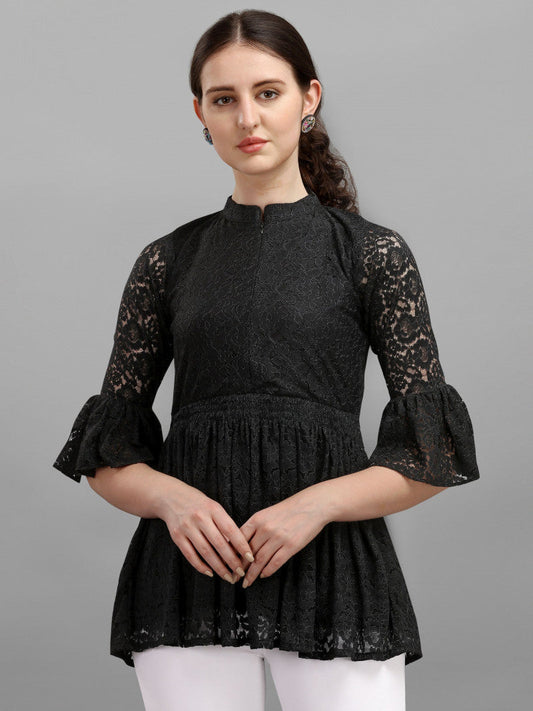 Online Black Color Bell Sleeve Lace Top