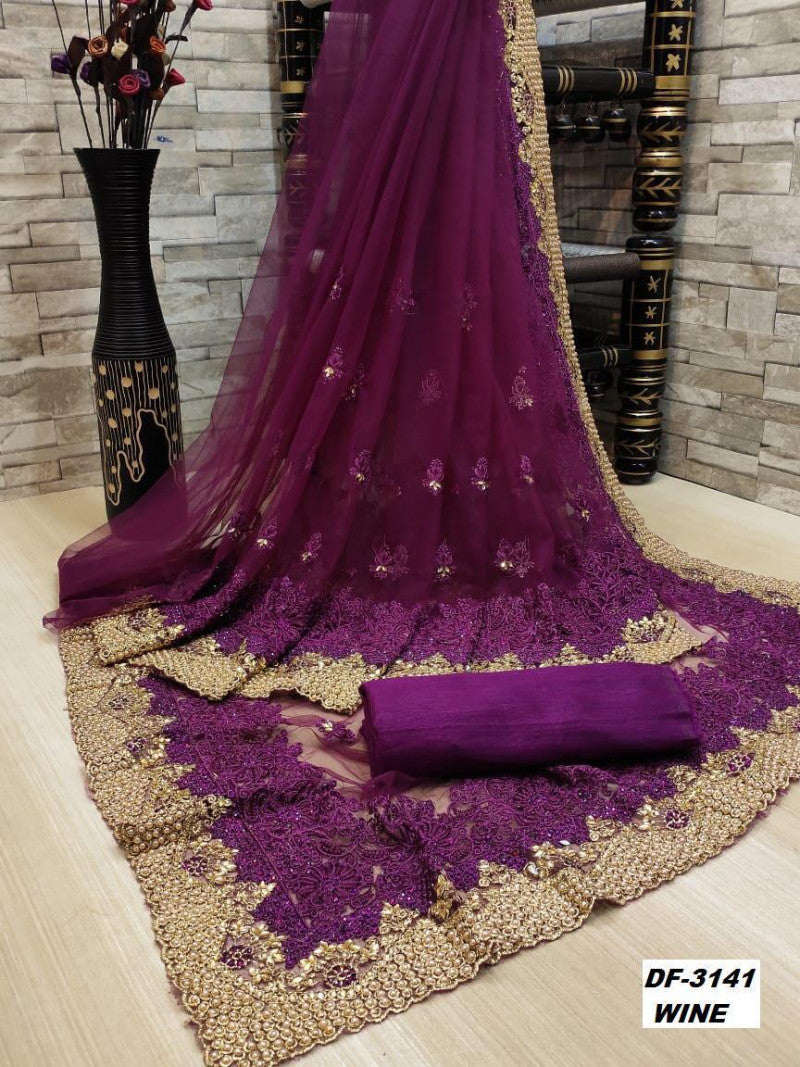 Attractive Wine Color Heavy Trendy Net Saree