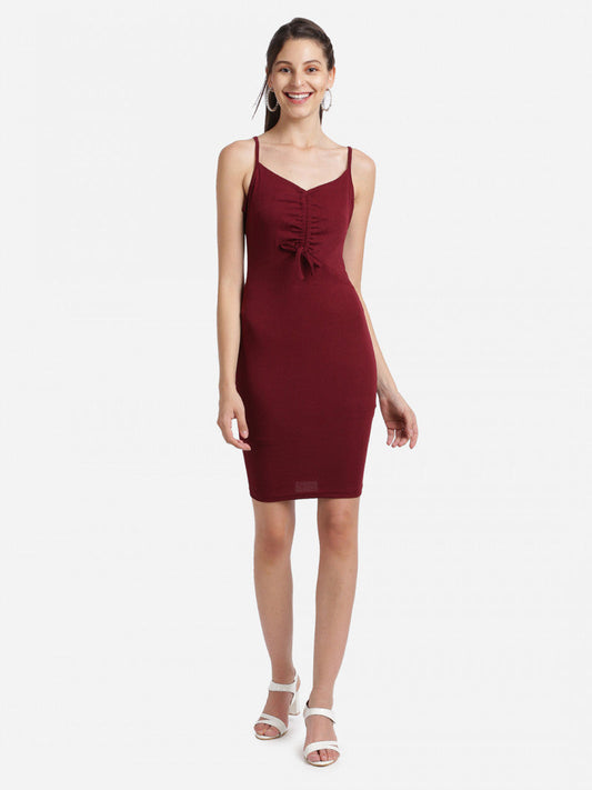 Shoulder-Strap Maroon Color Sheath Dress