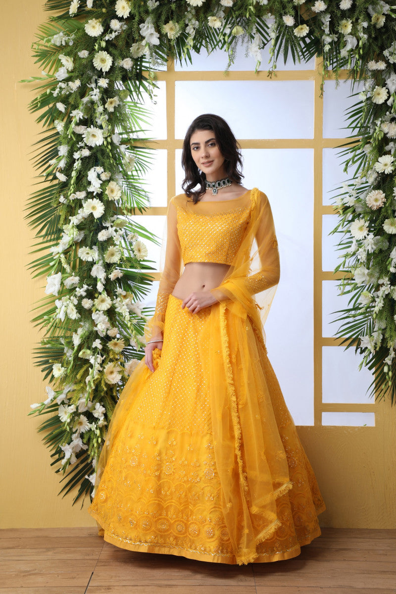 Adorable Mustard Yellow Net Haldi Ceremony Wear Lehenga Choli