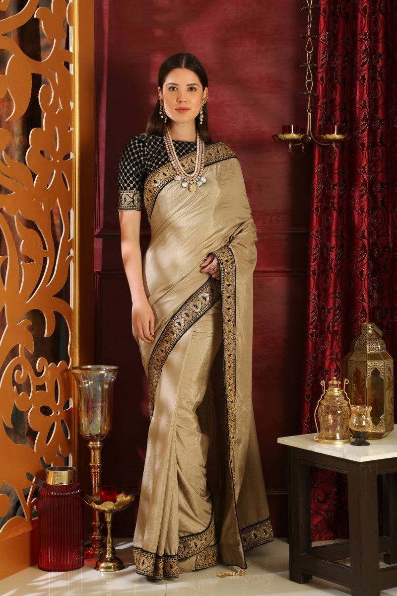 Beautiful Beige Color Silk Sequence Embroidery Online saree