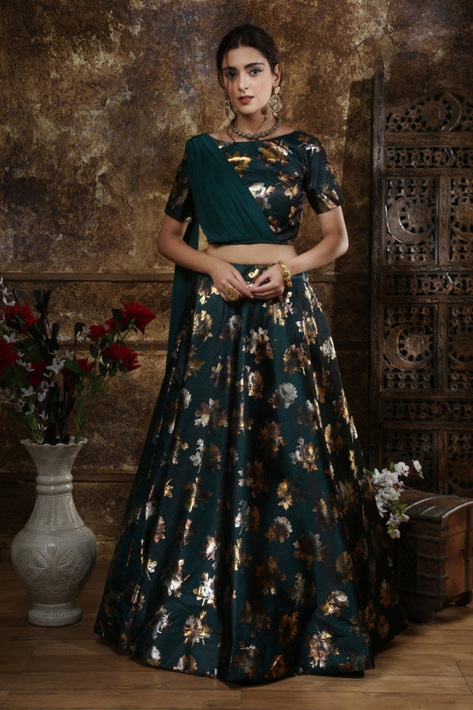 Precious Trending Teal Green Taffeta Satin Metalic Foil Lehenga Choli