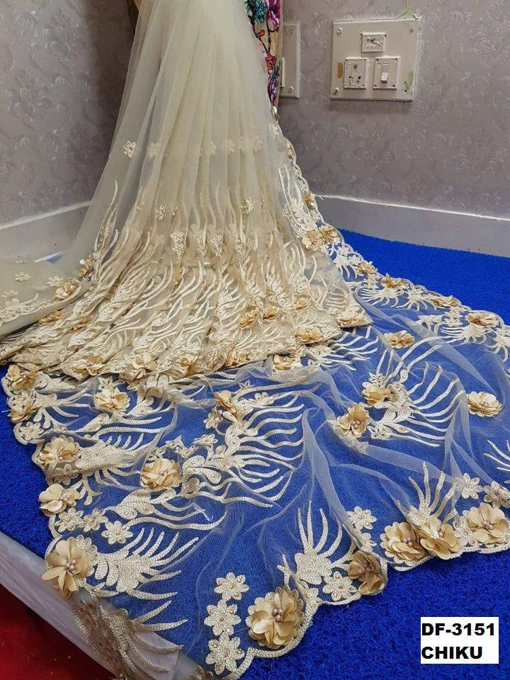 Precious Beautiful Beige Color Heavy Trendy Applique Flower Saree