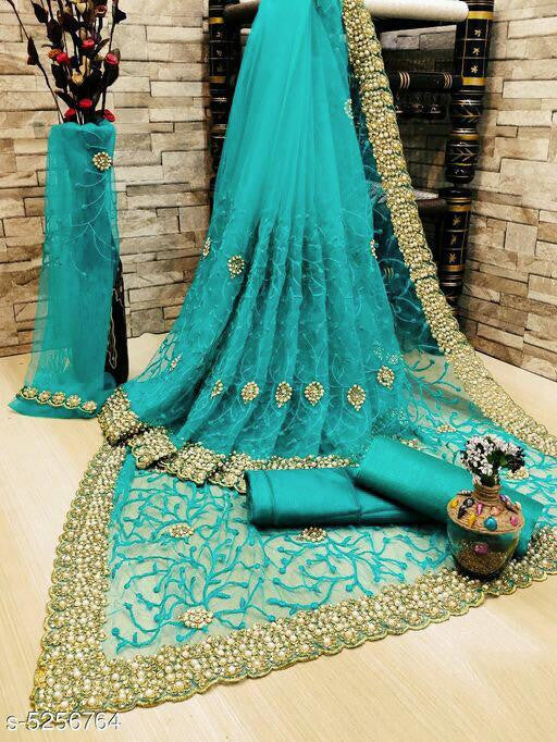 Attractive Green Color Heavy Trendy And Jari Work Net Saree