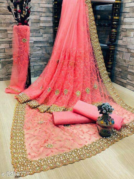 Precious Classy Peach Color Heavy Trendy And Jari Work Net Saree