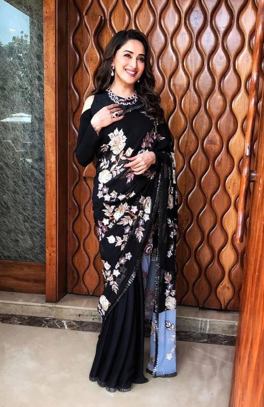 Famous Actress Bollywood Collection Dixit Wearing Black Color Printed Saree