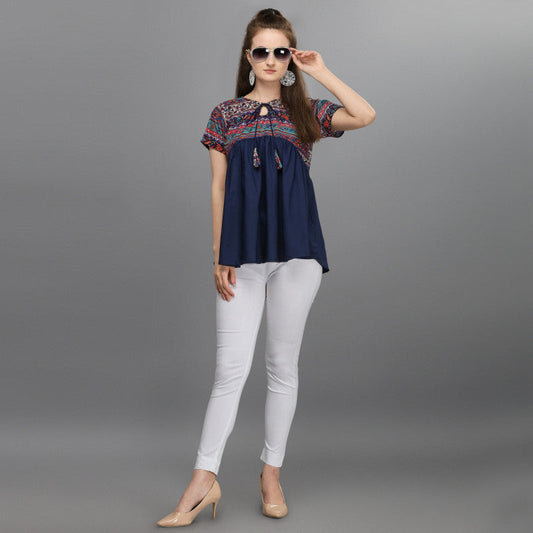 Fabulous Navy Blue & Red Ethnic A-Line Top