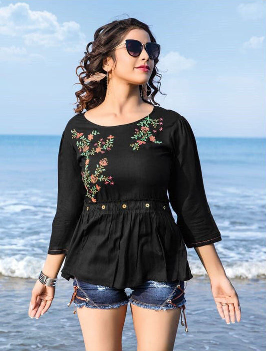 Black Color Trendy Work Round Neck Western Top