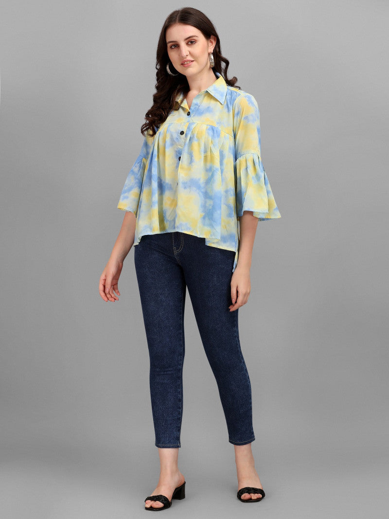 Yellow With Sky Blue color Tie Dye Shirts For women