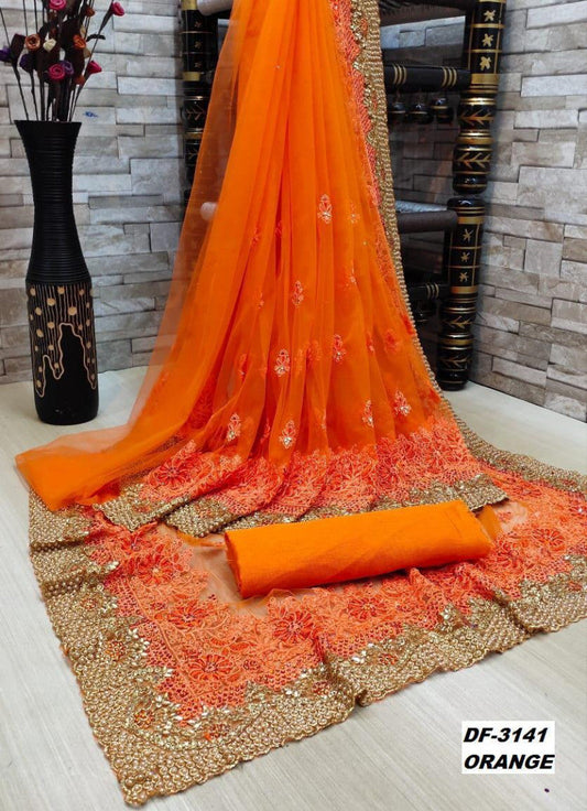 Beautiful Orange Color Heavy Trendy Net Saree