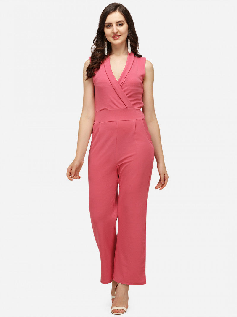 Sleeveless V-Neck Pink Color Solid Basic Jumpsuit