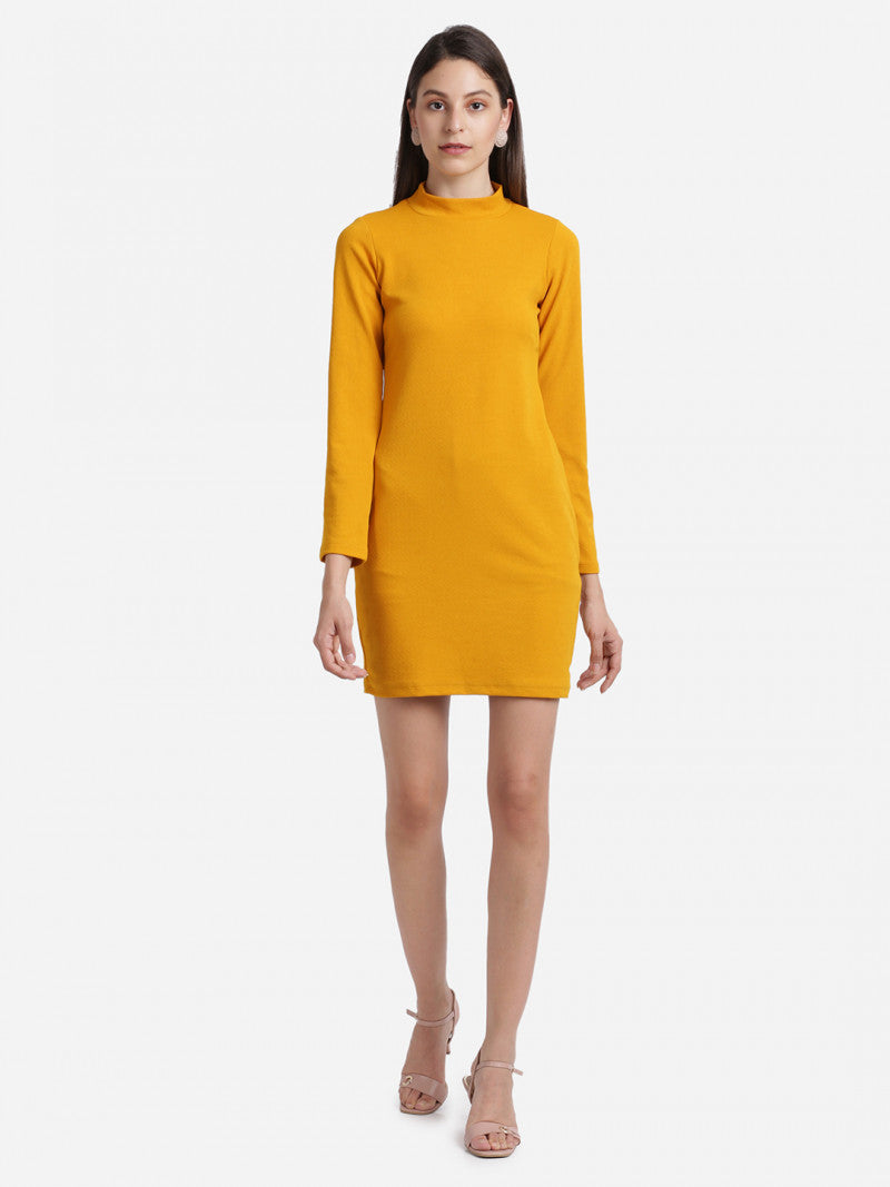 Mock-Neck Bodycon Mustard Color Dress