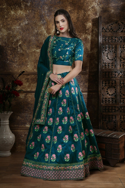 Teal Blue Colour Thai Silk Extra Ordinary Wedding Wear Lehenga Choli