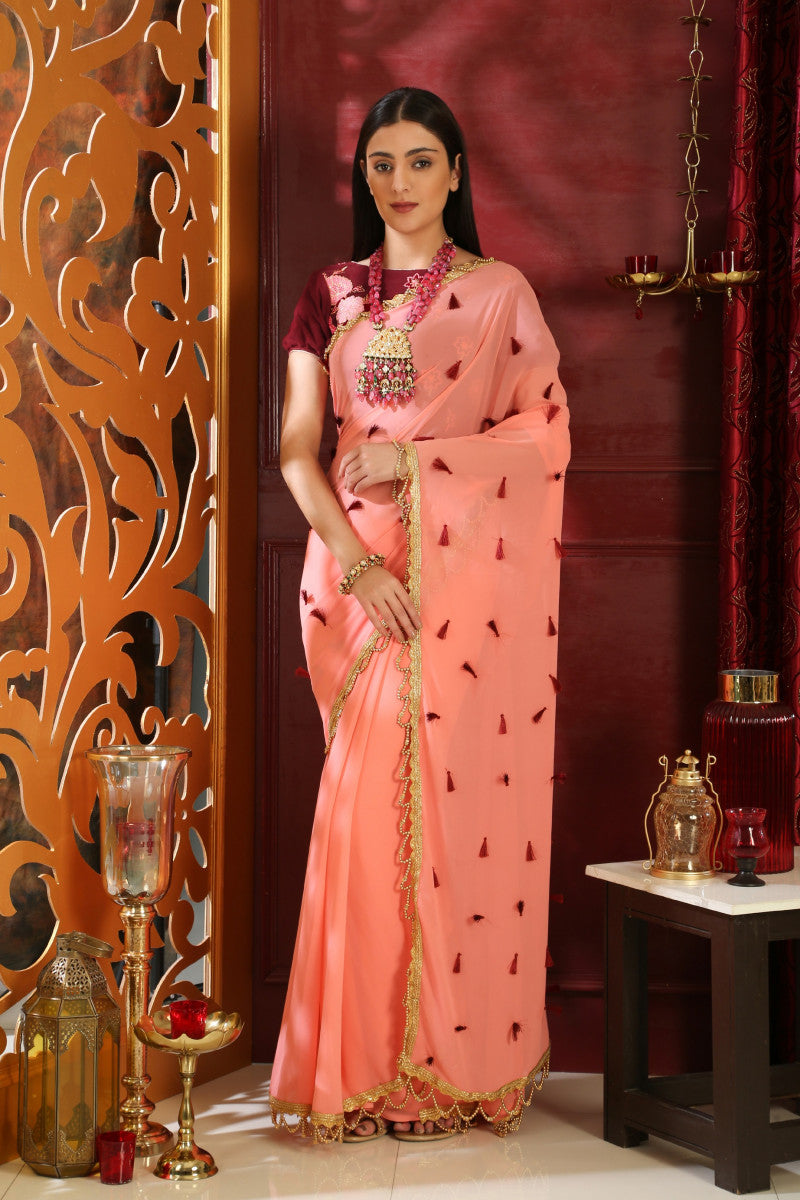 Pure Weight Less Pink Color Online Saree With Resham Tassels