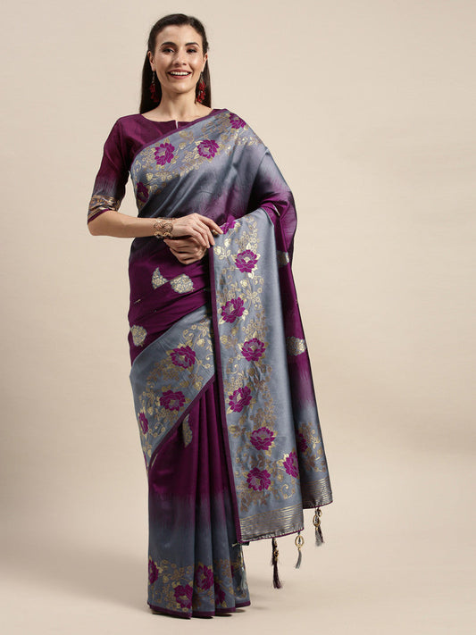 Precious Wedding Wear Purple And Grey Color Silk Saree