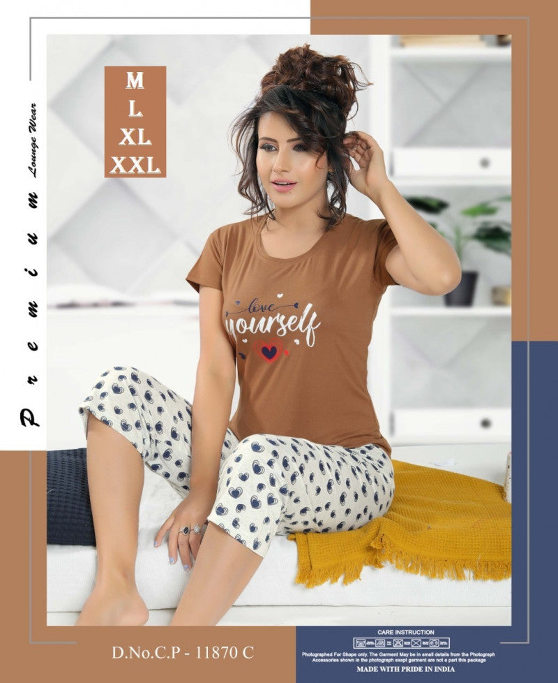 Women Printed Coffee Color Top & Capri Set