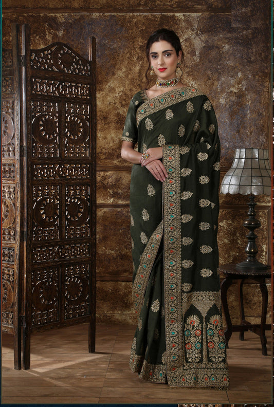 Excellent Olive Green Silk Full Embroidery Work Ceremoney?Wear Saree