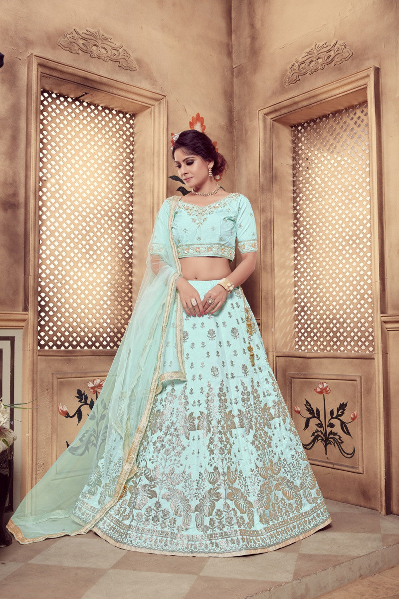 Beautiful Turquoise Blue Color Silk Wedding Lehenga Choli