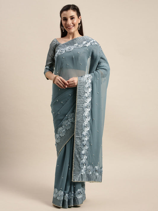 Beautiful Pearls Grey Weight Less Ribbin Gotta Patti Saree