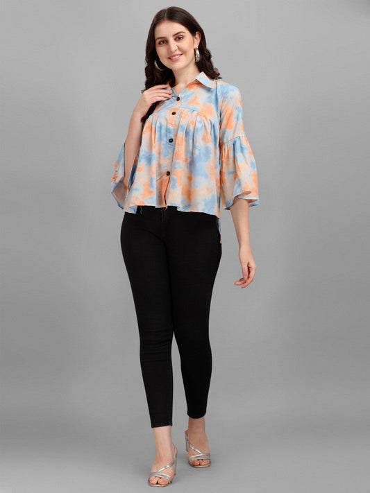 Peach With Sky Blue color Tie Dye Shirts For women