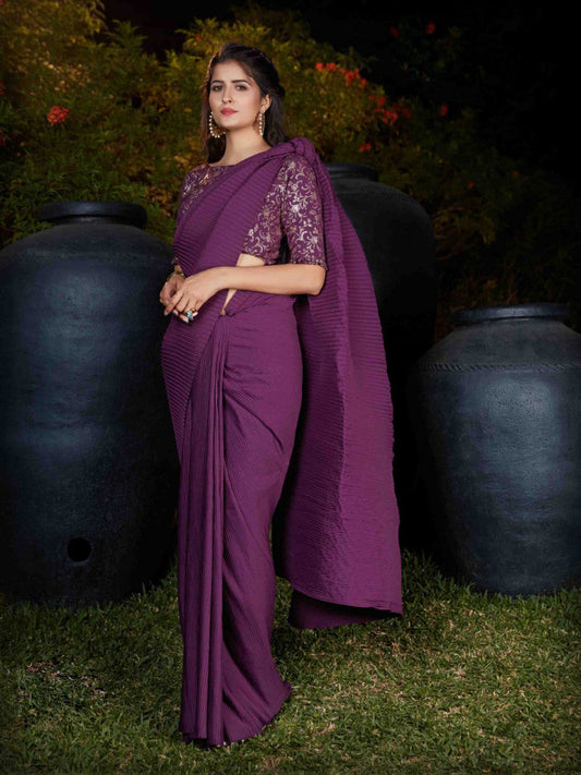 Precious Trending Extra Ordinary Purple Silk Plitting Work Wedding Saree