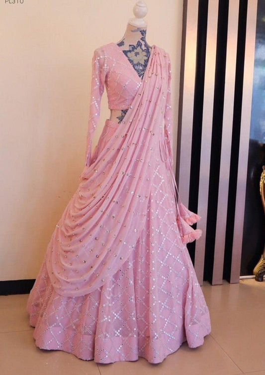 Attractive Baby Pink Color Gleaming Mono Net Online Lehenga Choli