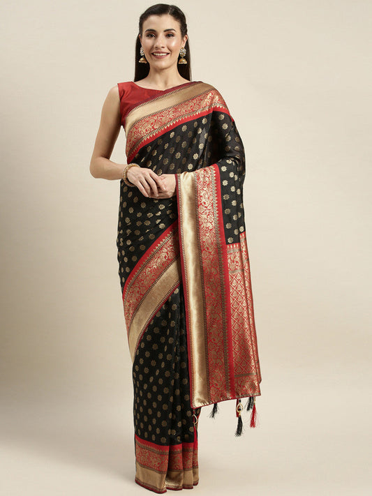 Precious Luxuriant Black And Maroon Color Banarasi Silk Saree