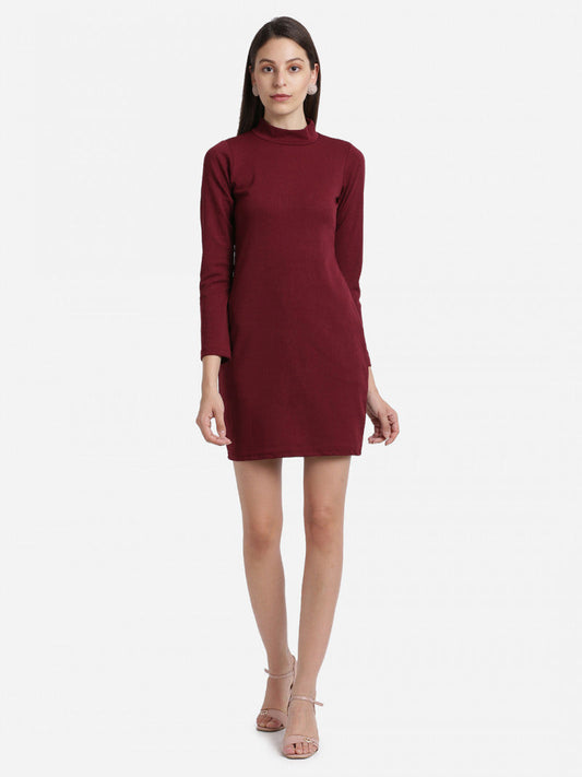 Mock-Neck Bodycon Maroon Color Dress