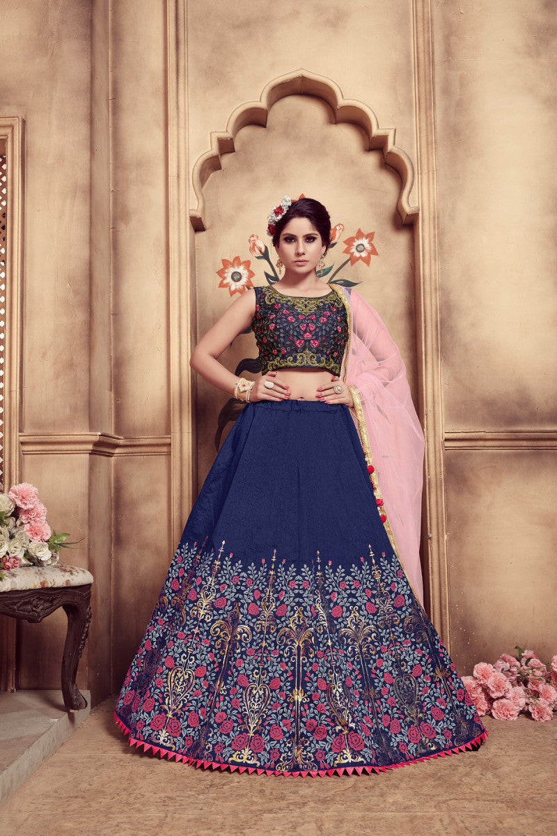 Precious Trending Navy Blue Color Silk Trendy Work Extra Ordinary Lehenga Choli