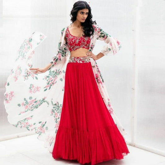 Red Hottest Indo-Western Weight Less Lehenga Choli With Koti