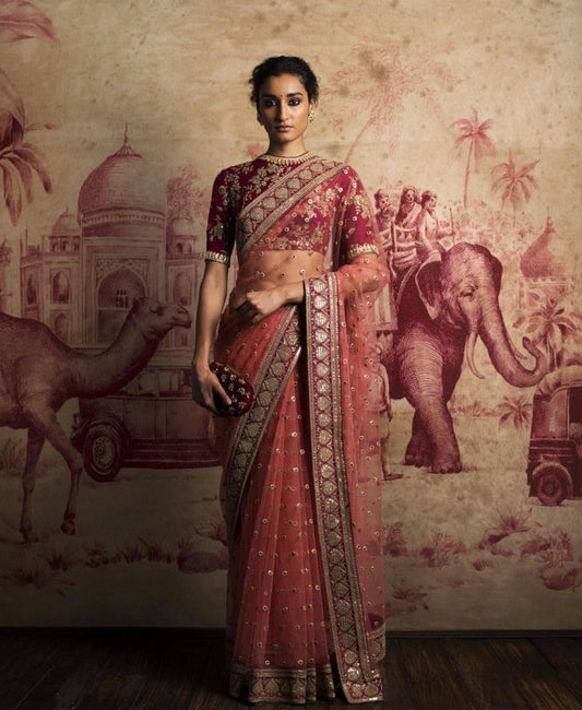 Extra Ordinary Maroon Net Embroidery Work Wedding Saree