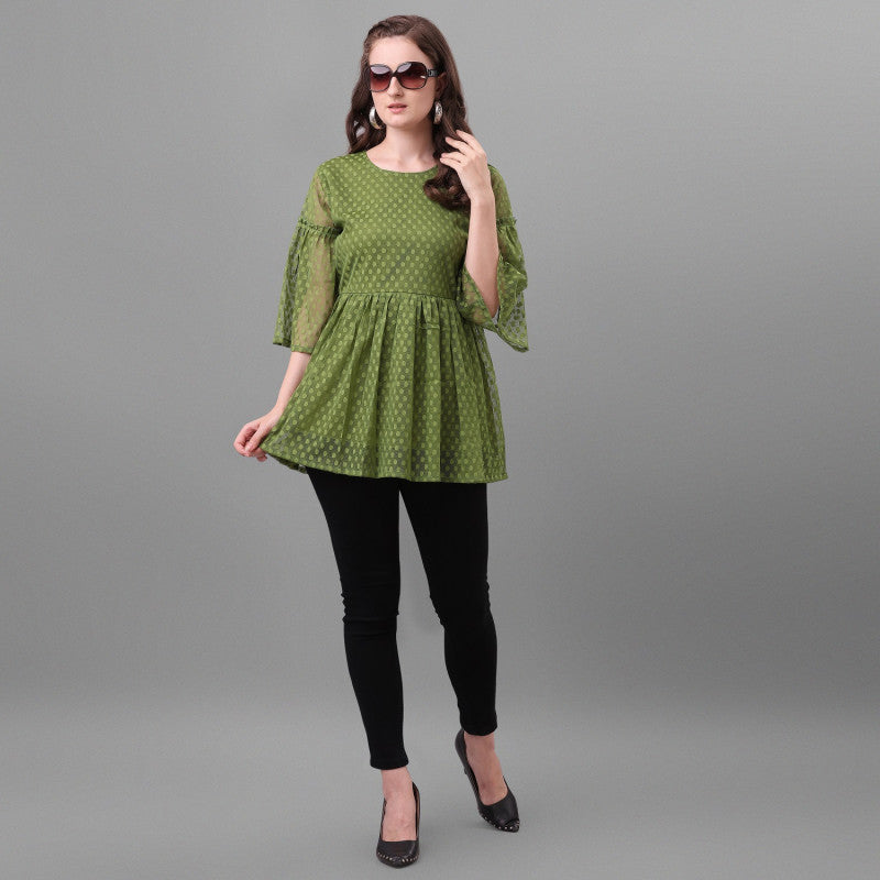 Glorious Green Color Net Tunic Top