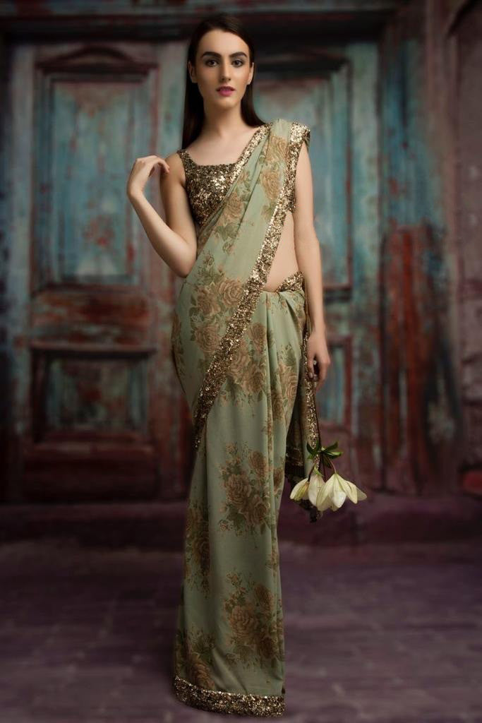 Luxuriant Online Green Color Sequence Printed Saree