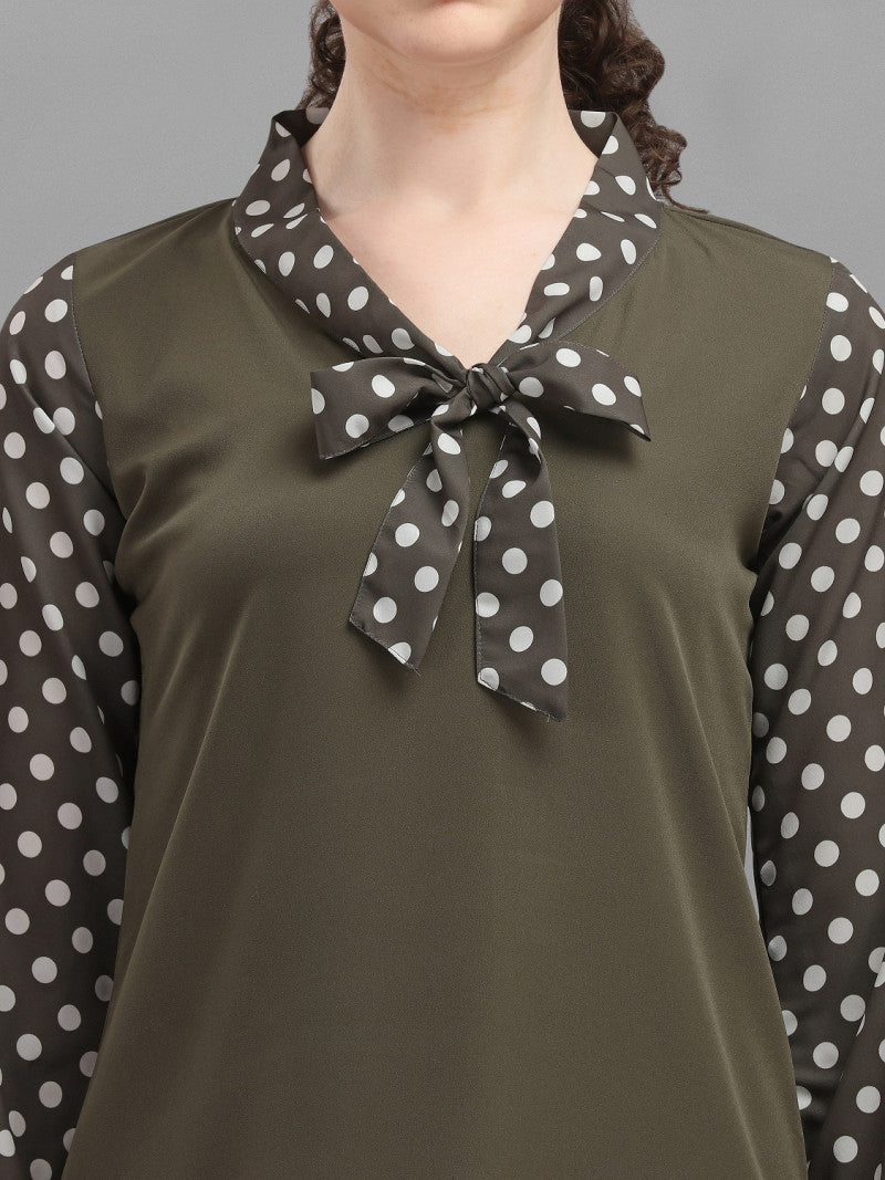 Olive Green Color Polka Dot Print Sleeve Fabulous Top