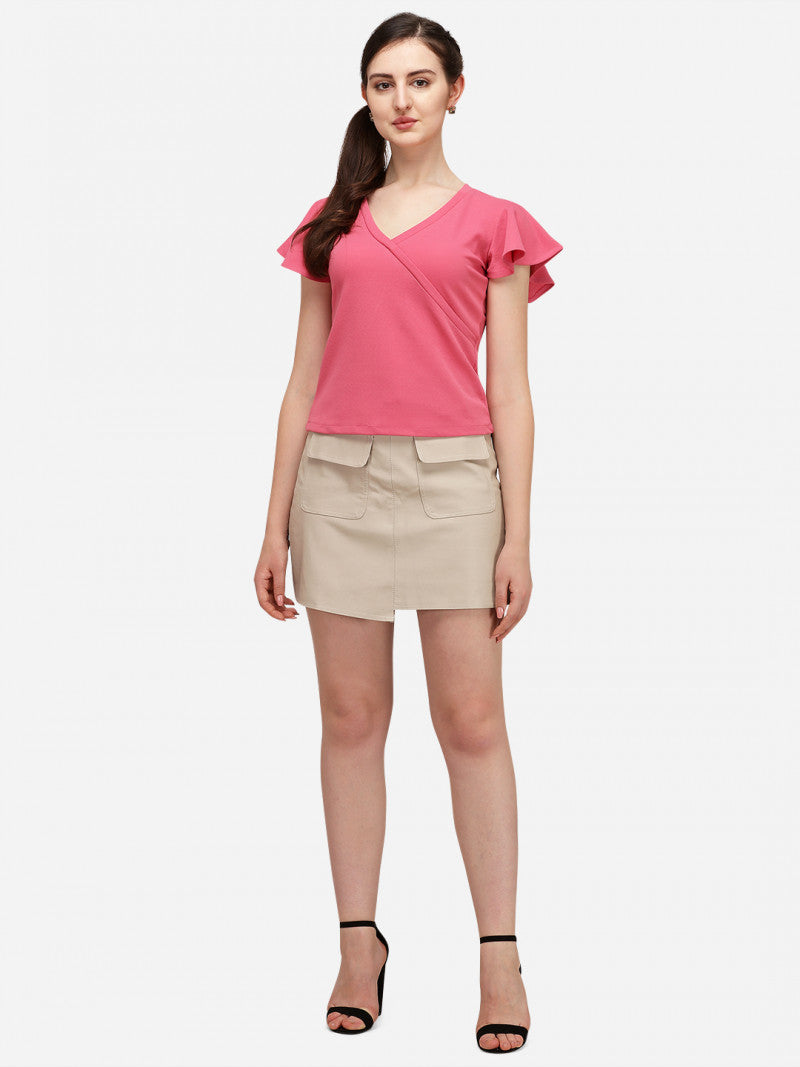 Pink Color V-neck T-shirt For Women