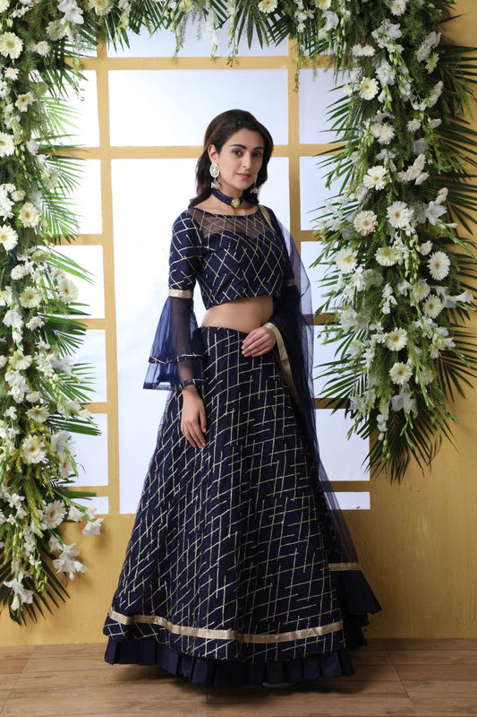 Women's Navy Blue Net Sequence Work Reception Wear Lehenga choli