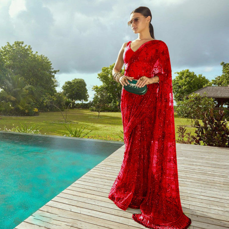 Fabulous Red Color Online Net Saree