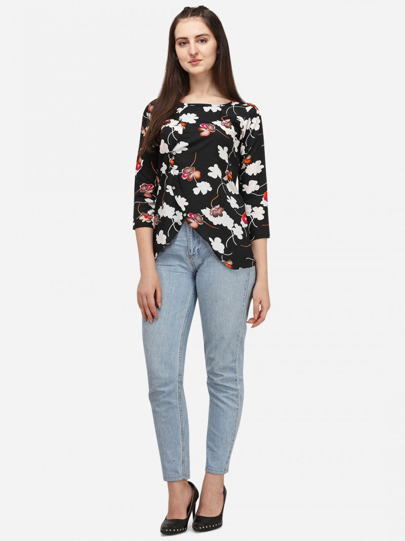 Precious Trending Flower Printed Crepe Black Color Top